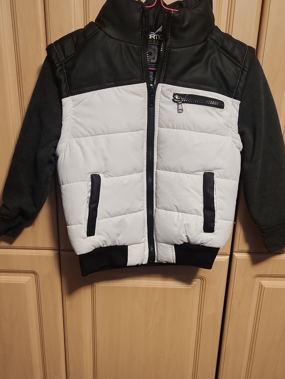 Kids White and Black Puffer Jacket with Zip Chest Pocket